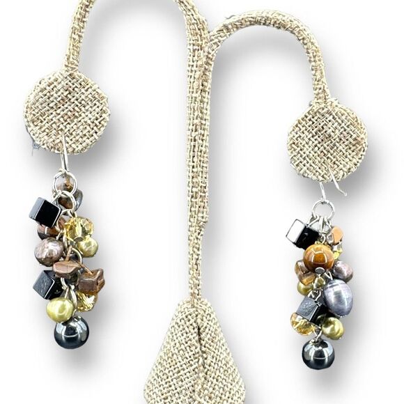 Semi Precious Gem Beaded Dangle Earrings Silver Plated - Picture 3 of 7